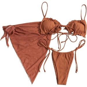 SOLY HUX Rust Brown, Medium, Women's 3 Piece Swimsuits Bikini + Mesh skirt